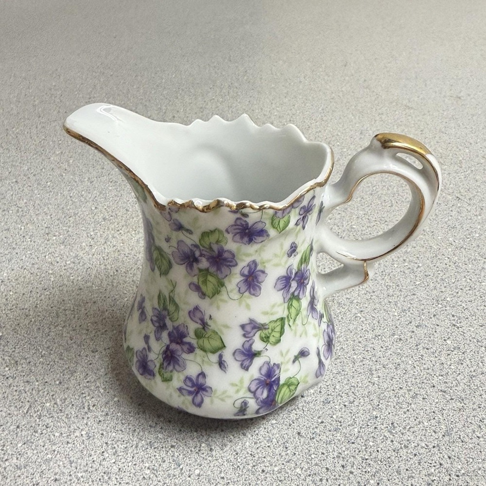 Lefton Porcelain Creamer Pitcher with violet chintz pattern and gold trim